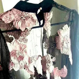 BLACK MESH LONG SLEEVE WITH PINK ROSES BLOUSE  ROUND RUFFLE NECK SIZE SMALL